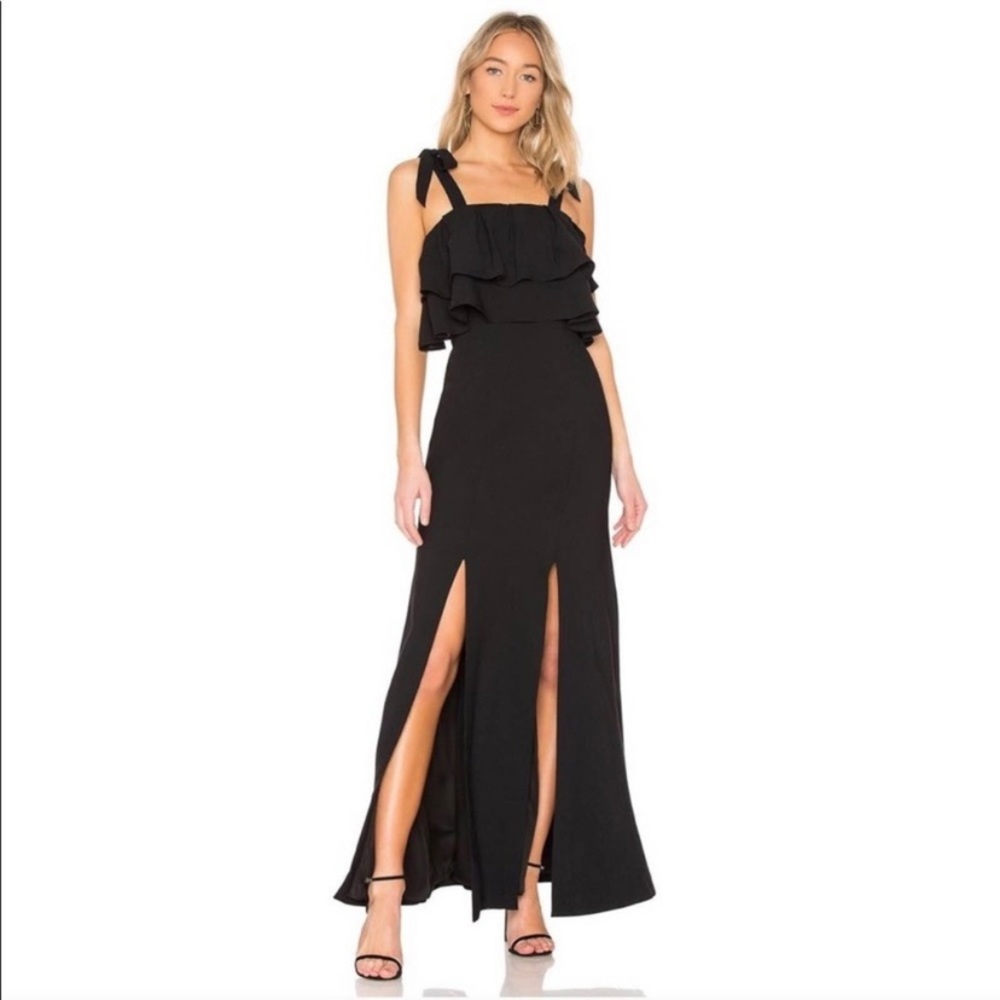 C/MEO Collective Be About You Formal Tie Shoulder Ruffle Black Maxi Dress Gown
